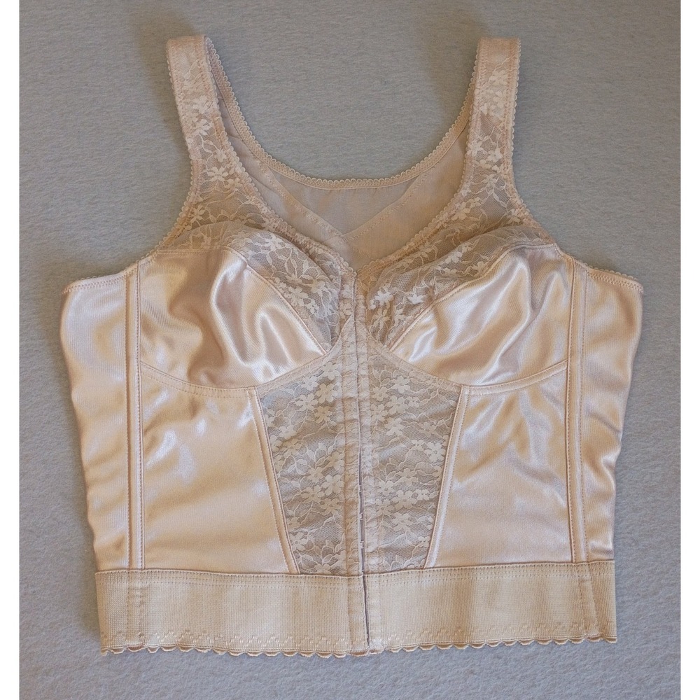 Vintage Exquisite Form LongLine Corset Buster Bra 36B Beige Nude Shapewear LACE